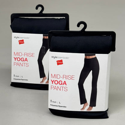 HANES (2 PACK) Mid-Rise Yoga Pants Polyester Spandex Women's Sz L Black 441985